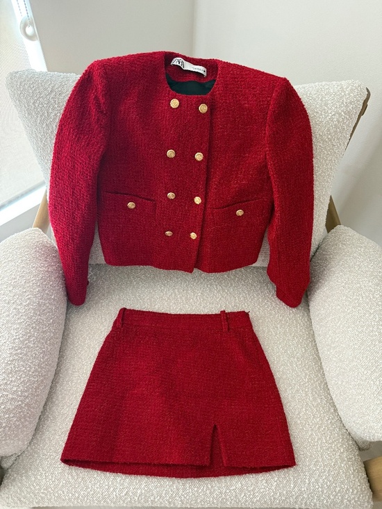 Zara Dresses & Skirts - Zara Red Textured Tweed Matching Set / Jacket + Mini Skirt (never worn)
